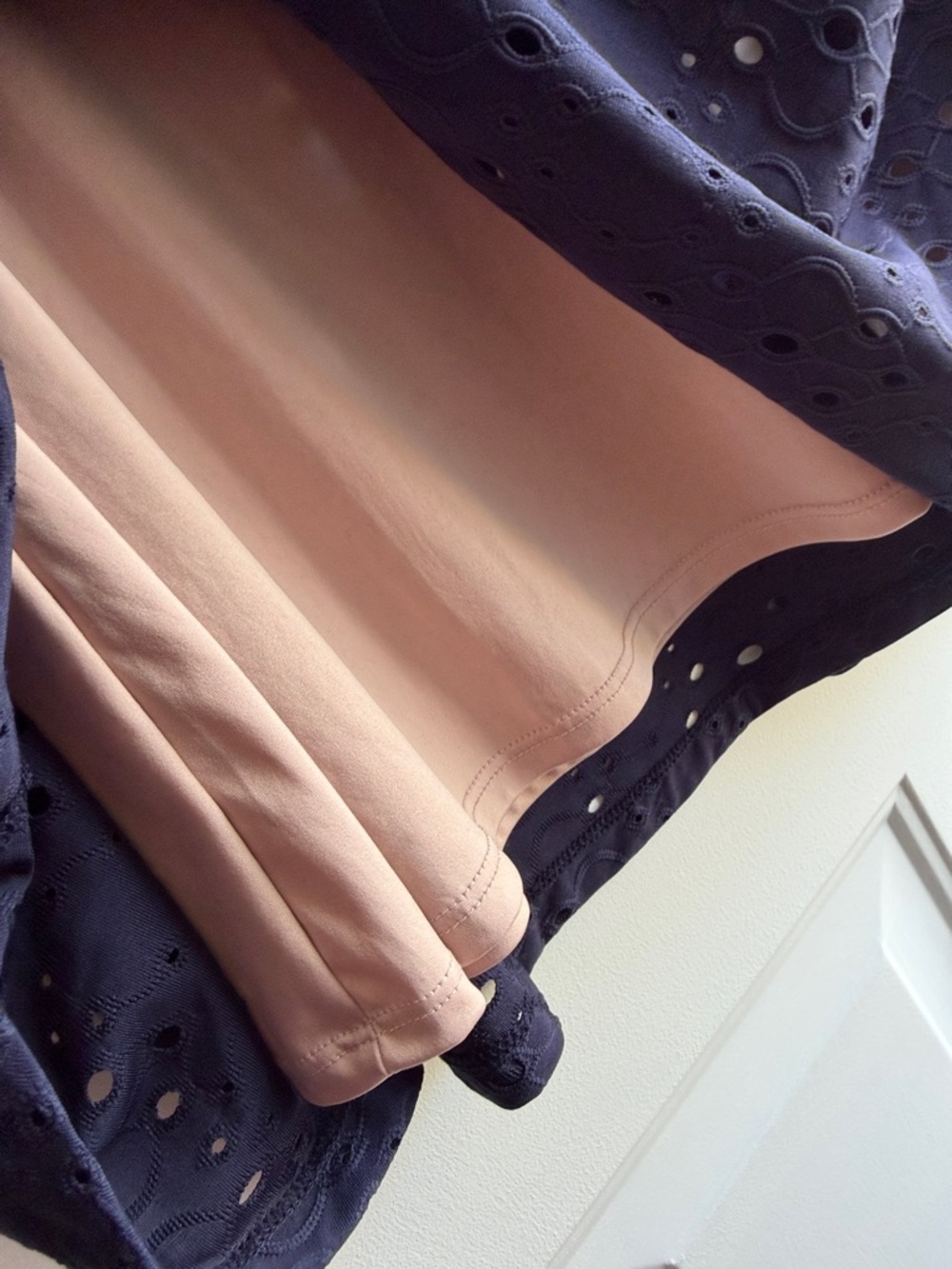 Navy Eyelet A-Line Dress with Nude Underlay - Picture 4 of 8